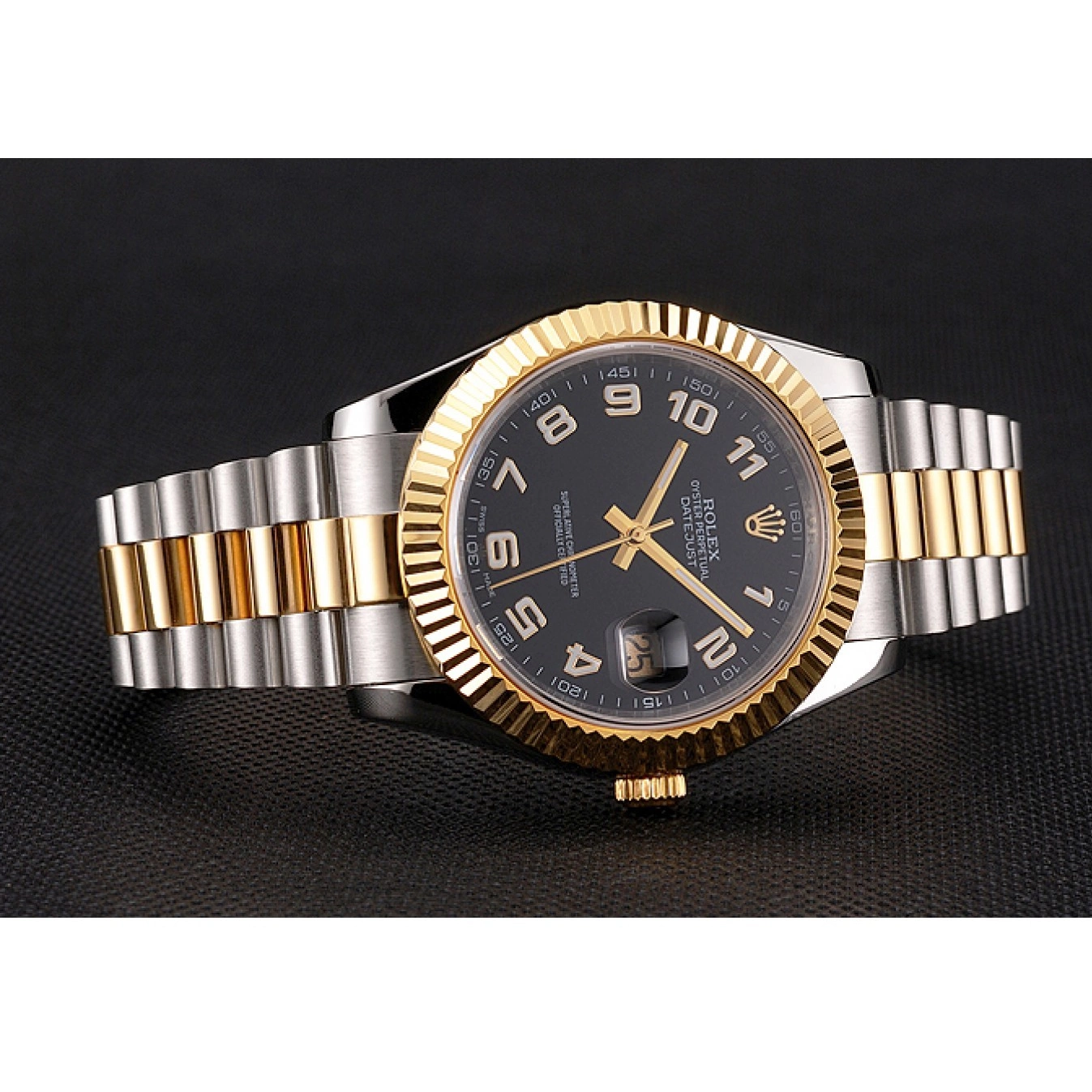 Aaa replica watch Swiss Two Dial Black Tone Gold Bracelet Steel Stainless Bezel Case Rolex Datejust 0725